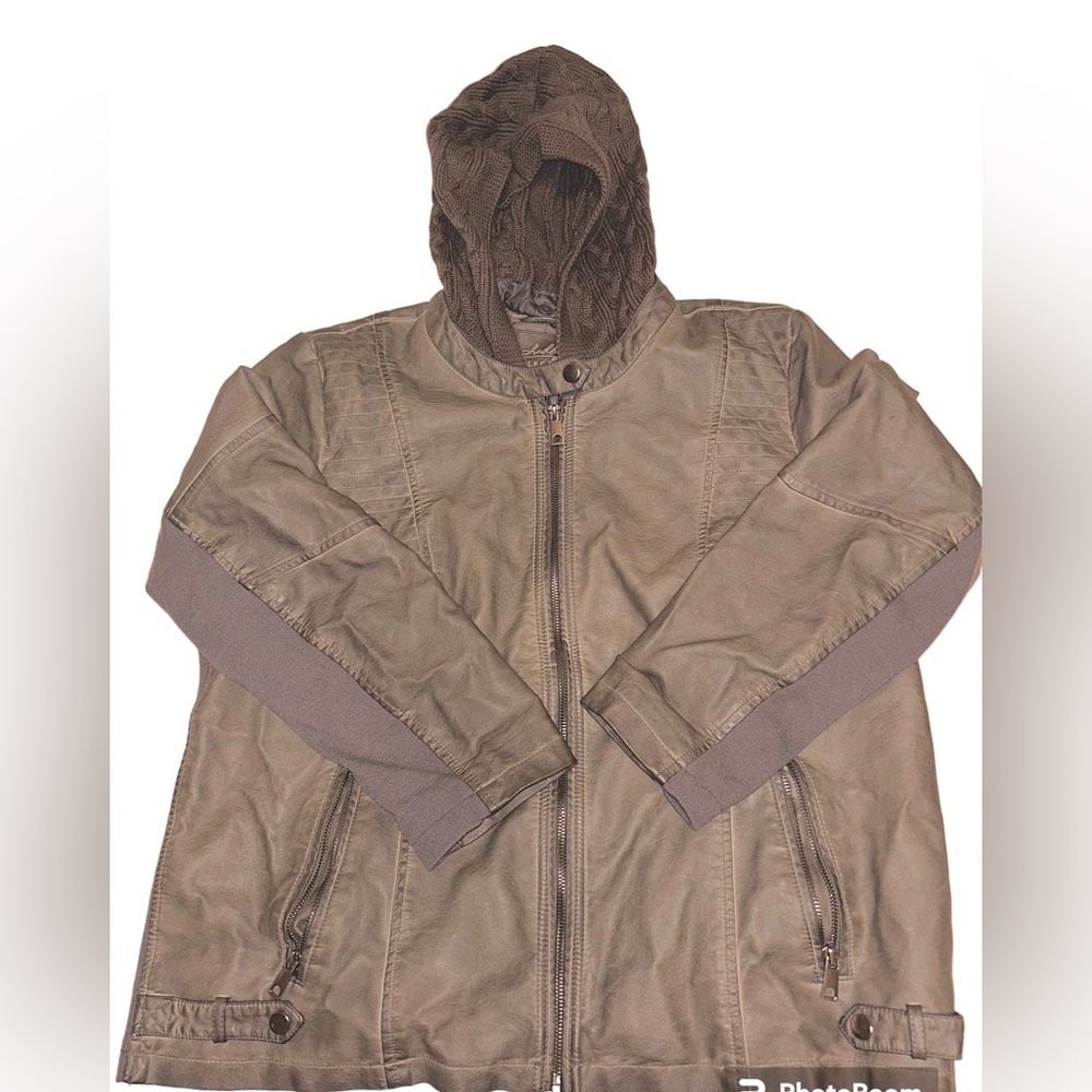 Sebby Collection Faux Leather Jacket with Knitted Hood